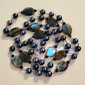 Labradorite, pearl, 925 silver station necklace.